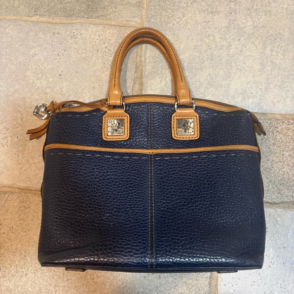 Brighton Archer Domed Satchel Navy Blue Pebble Leather Tan Trim